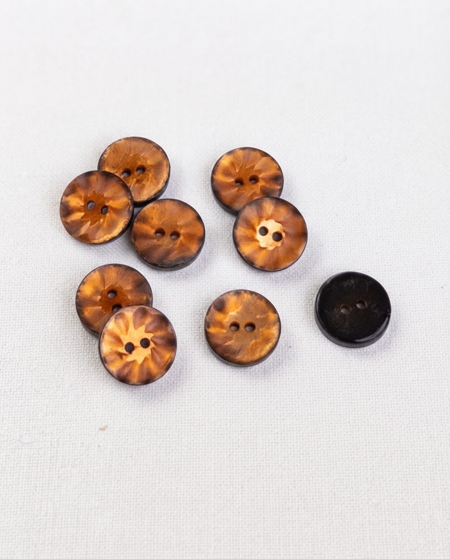 Petits boutons ronds ambre nacré de 12 mm à 2 trous vus de dessus, un bouton retourné montre son dos brun foncé