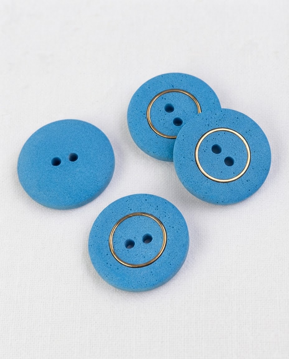Boutons ronds bleus à cercle doré de 22 mm posés sur un tissu blanc, surface mate légèrement mouchetée
