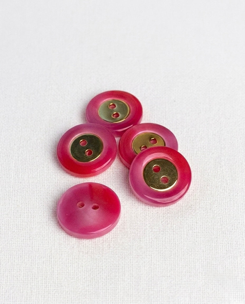 Lot de 5 boutons fuchsia et doré rond - 18mm, 2 trous