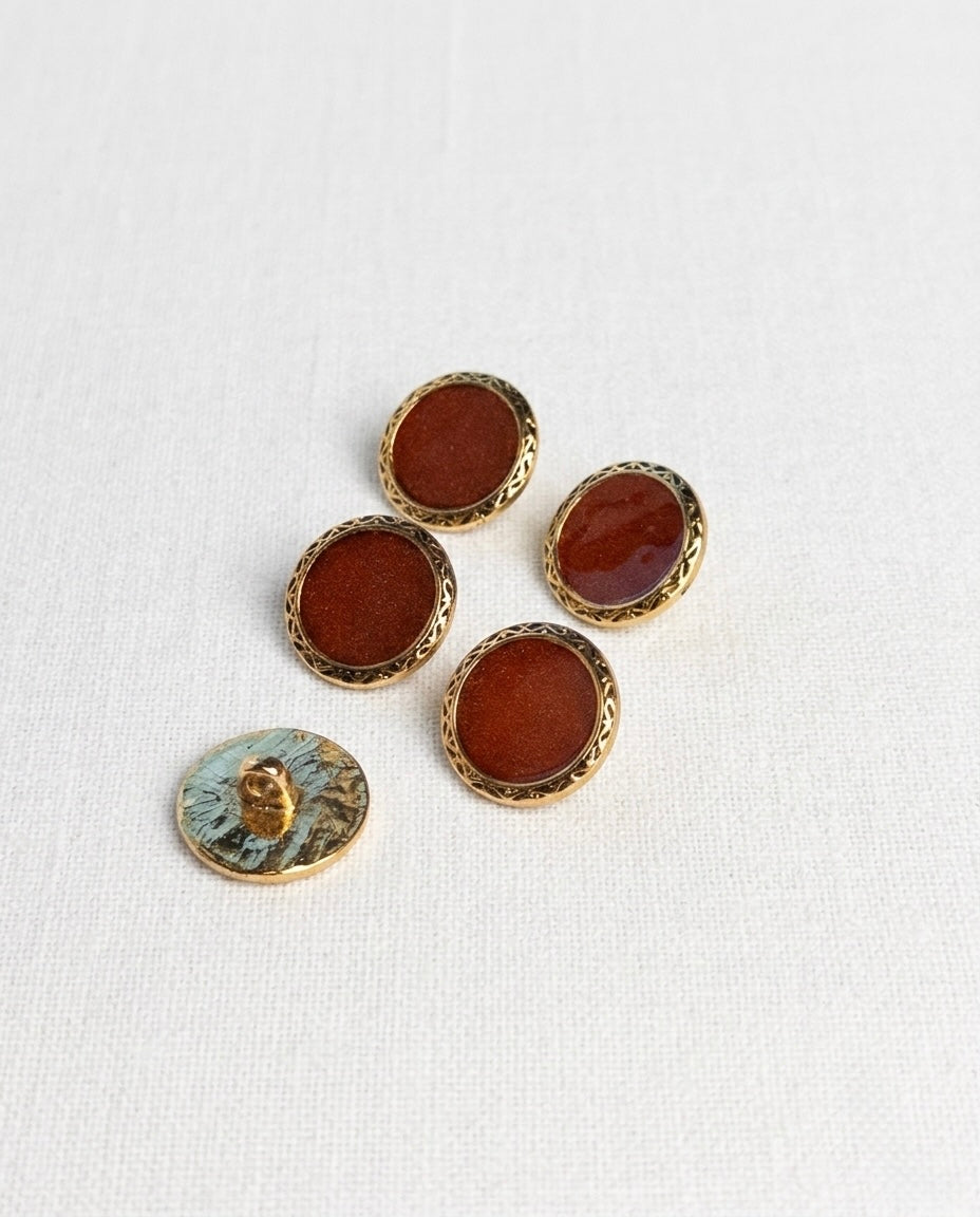 Lot de 5 boutons marron et doré rond - 15mm, à queue